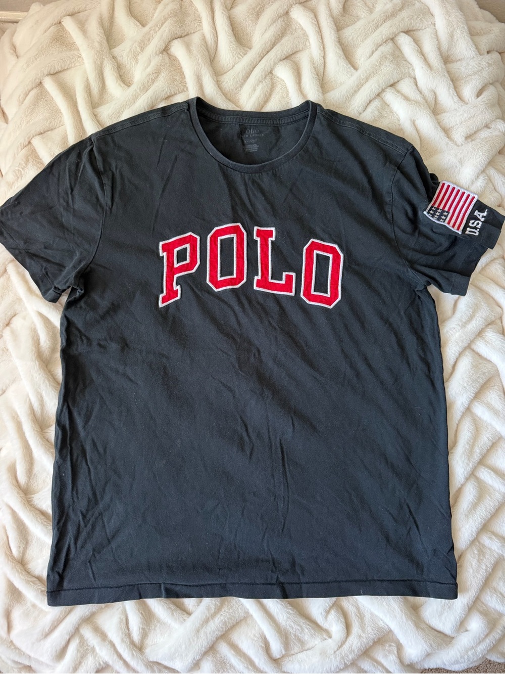 Old Navy Black T-Shirt with Red POLO Lettering and USA Flag Patch